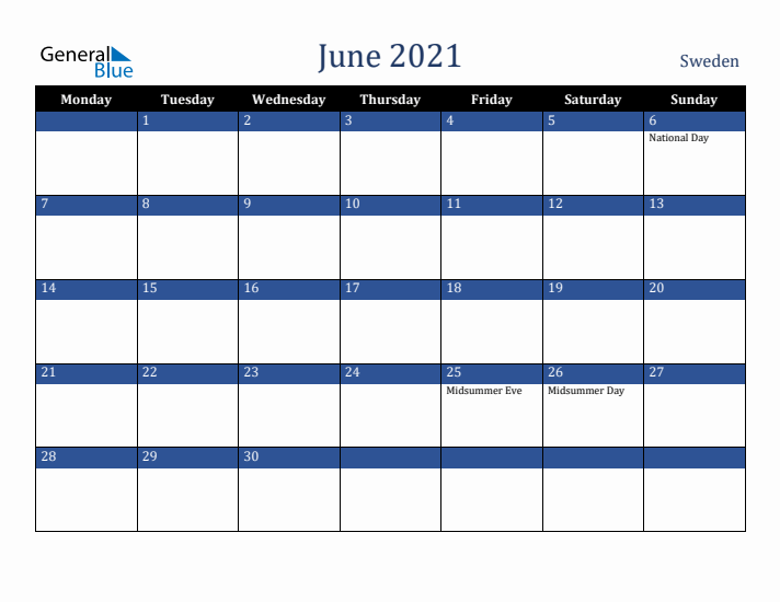 June 2021 Sweden Calendar (Monday Start)