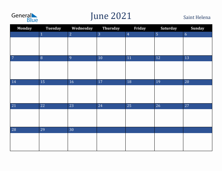 June 2021 Saint Helena Calendar (Monday Start)