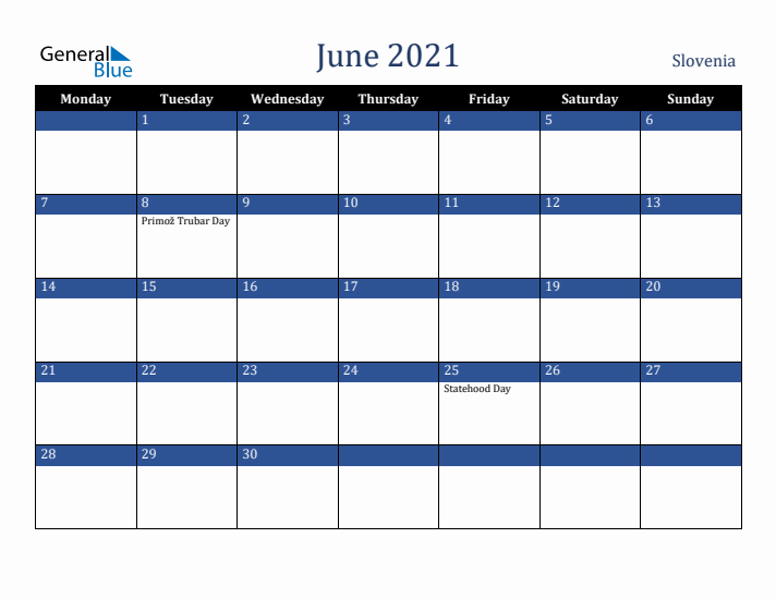 June 2021 Slovenia Calendar (Monday Start)