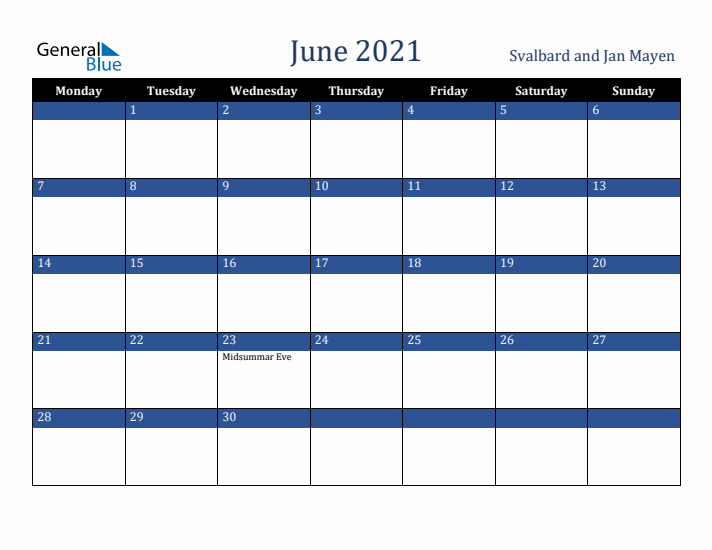 June 2021 Svalbard and Jan Mayen Calendar (Monday Start)