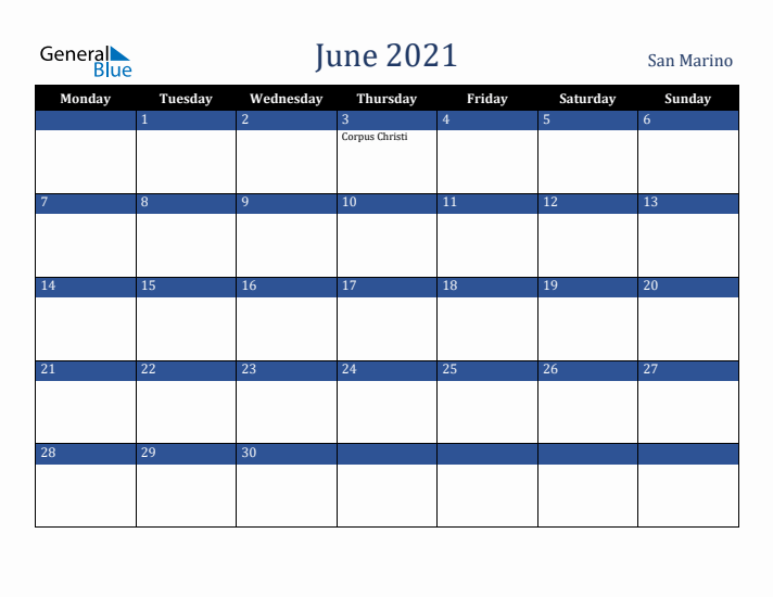 June 2021 San Marino Calendar (Monday Start)