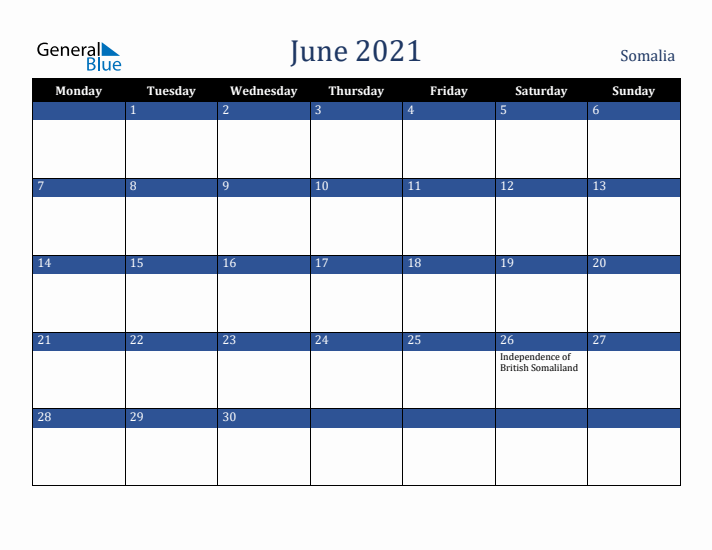 June 2021 Somalia Calendar (Monday Start)