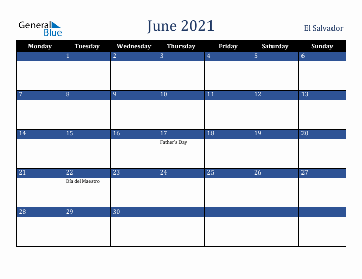 June 2021 El Salvador Calendar (Monday Start)