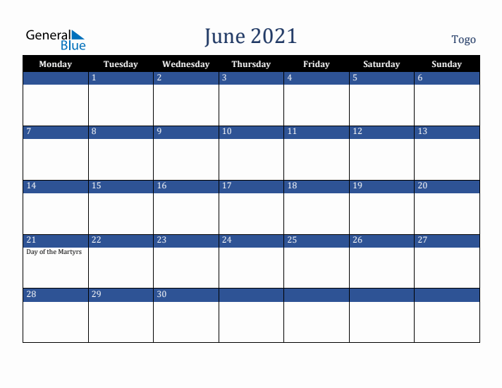 June 2021 Togo Calendar (Monday Start)