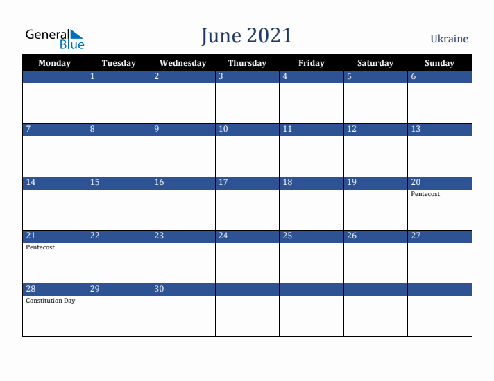June 2021 Ukraine Calendar (Monday Start)