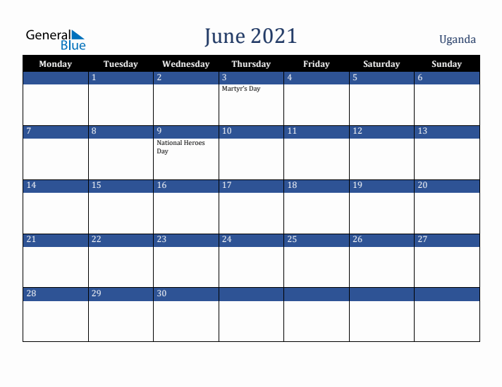June 2021 Uganda Calendar (Monday Start)