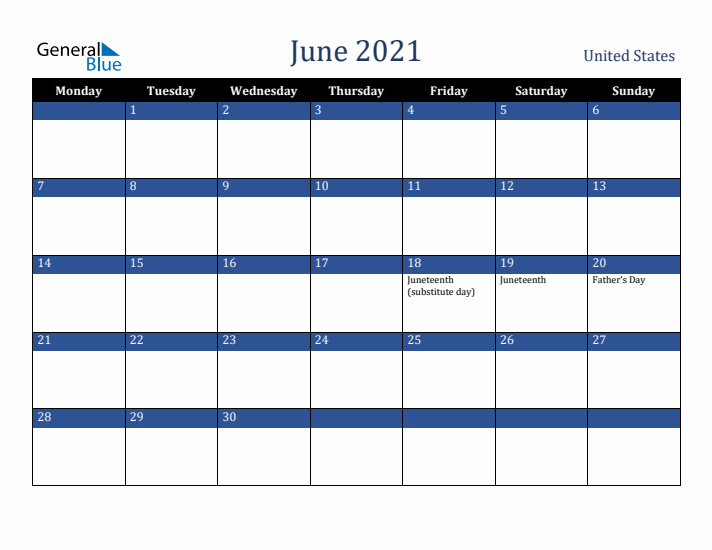 June 2021 United States Calendar (Monday Start)