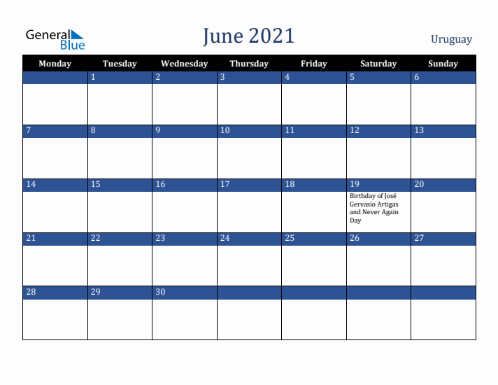 June 2021 Uruguay Calendar (Monday Start)