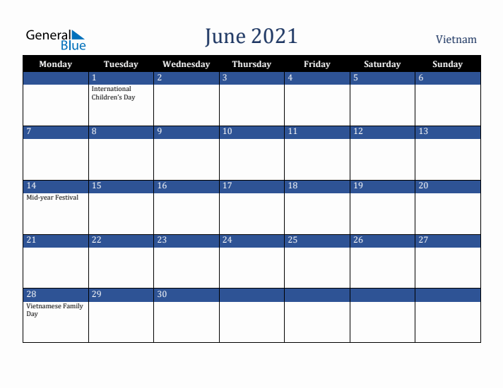 June 2021 Vietnam Calendar (Monday Start)