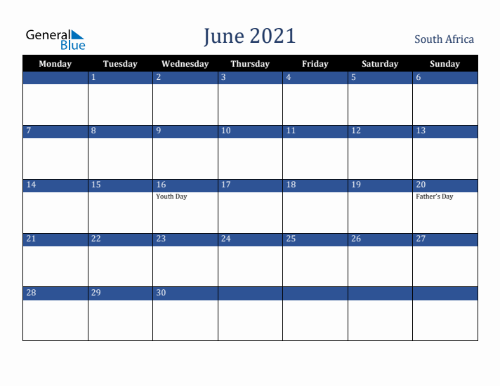 June 2021 South Africa Calendar (Monday Start)