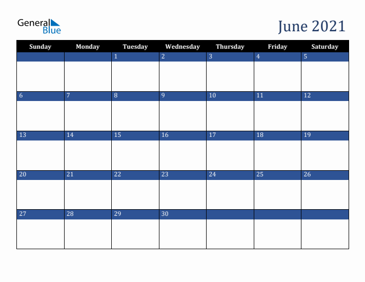 Sunday Start Calendar for June 2021