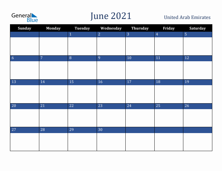 June 2021 United Arab Emirates Calendar (Sunday Start)