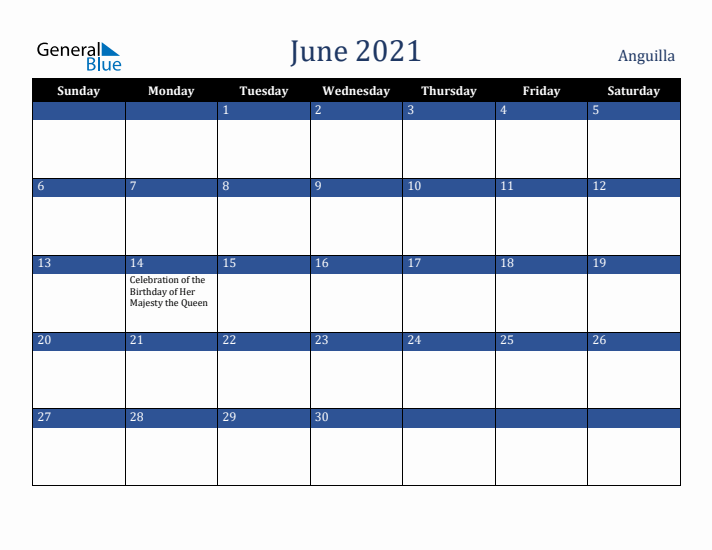 June 2021 Anguilla Calendar (Sunday Start)