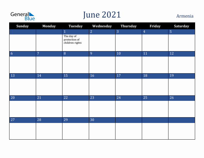 June 2021 Armenia Calendar (Sunday Start)