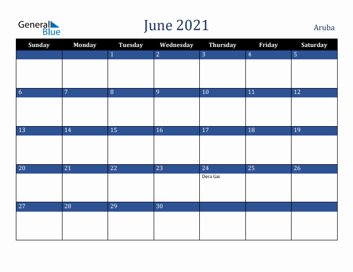 June 2021 Aruba Calendar (Sunday Start)