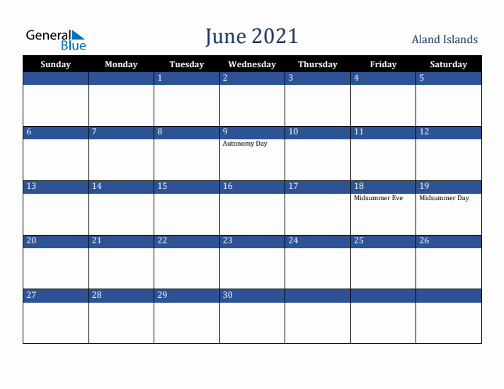 June 2021 Aland Islands Calendar (Sunday Start)