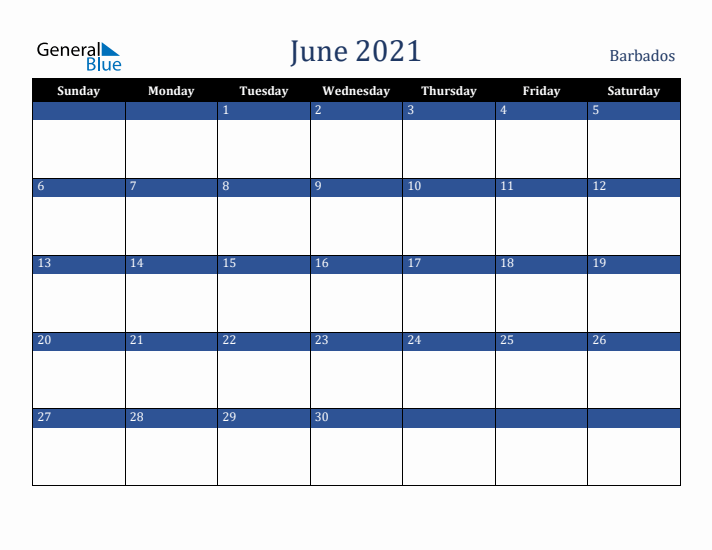 June 2021 Barbados Calendar (Sunday Start)