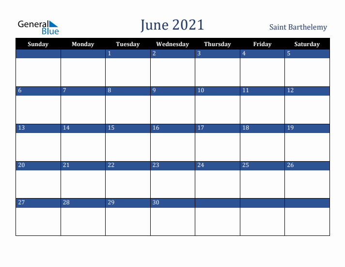 June 2021 Saint Barthelemy Calendar (Sunday Start)
