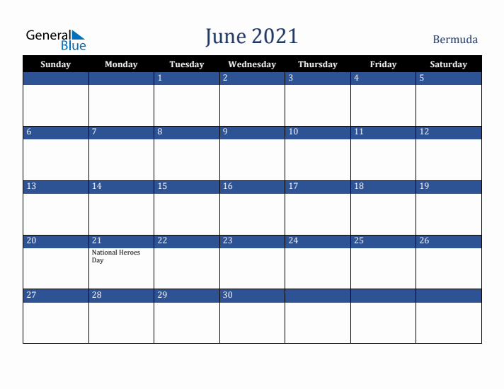 June 2021 Bermuda Calendar (Sunday Start)