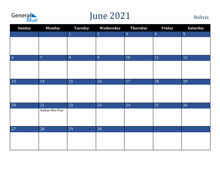 June 2021 Bolivia Calendar (Sunday Start)