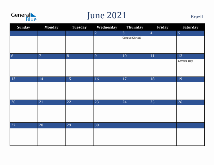 June 2021 Brazil Calendar (Sunday Start)