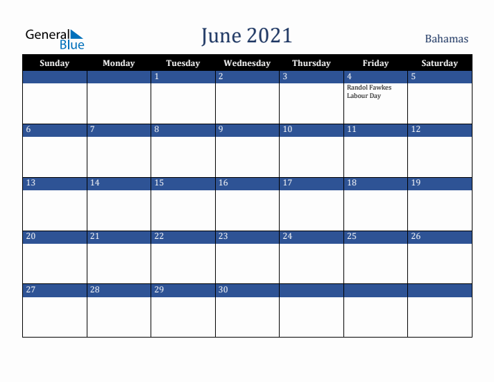 June 2021 Bahamas Calendar (Sunday Start)