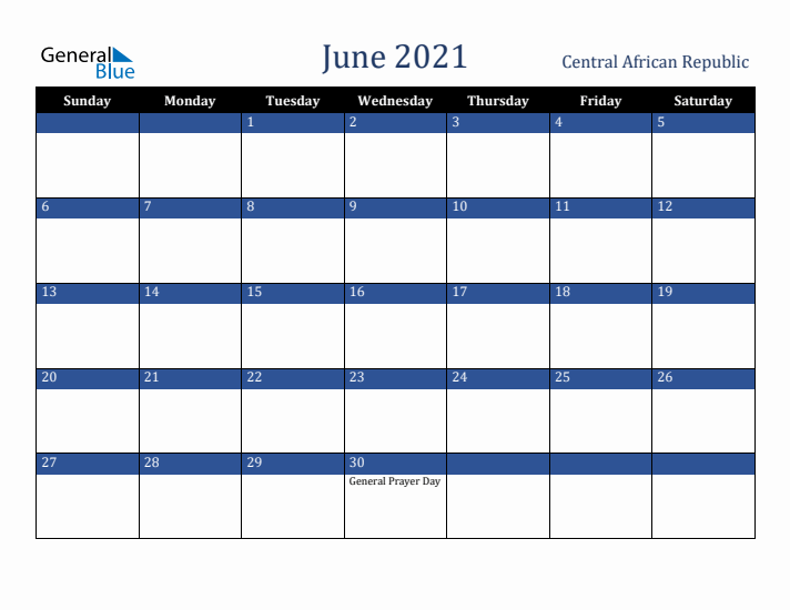 June 2021 Central African Republic Calendar (Sunday Start)