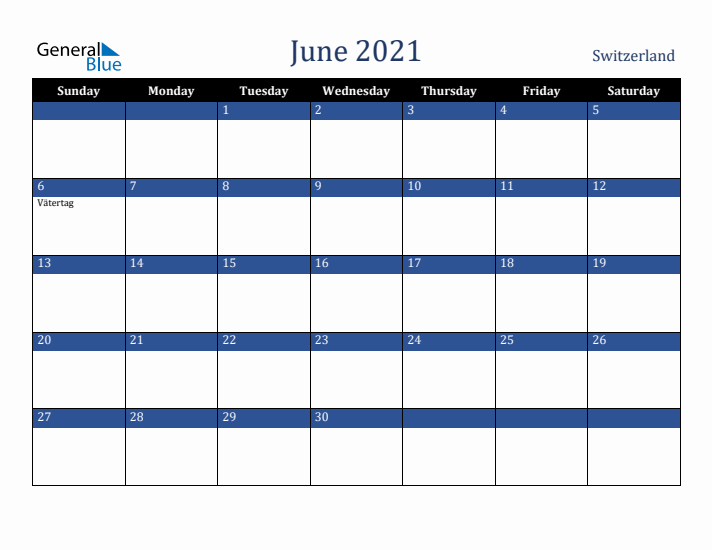 June 2021 Switzerland Calendar (Sunday Start)