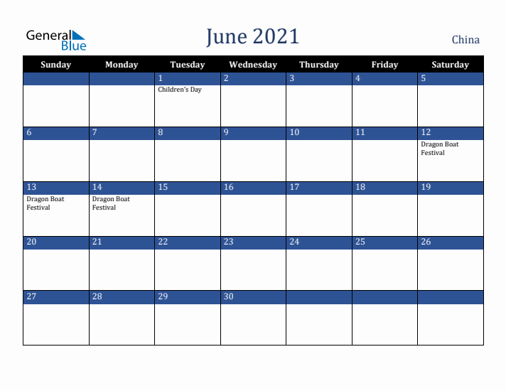 June 2021 China Calendar (Sunday Start)