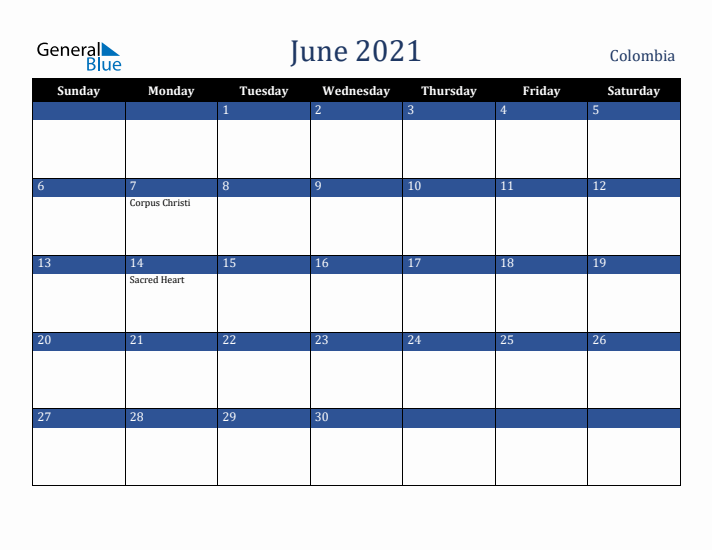 June 2021 Colombia Calendar (Sunday Start)