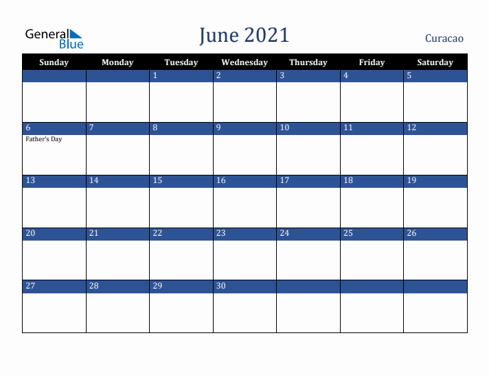 June 2021 Curacao Calendar (Sunday Start)