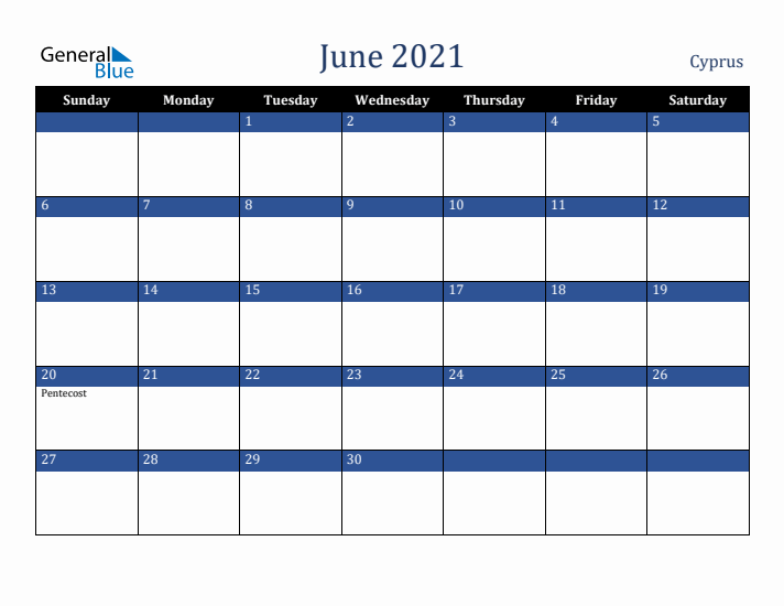 June 2021 Cyprus Calendar (Sunday Start)