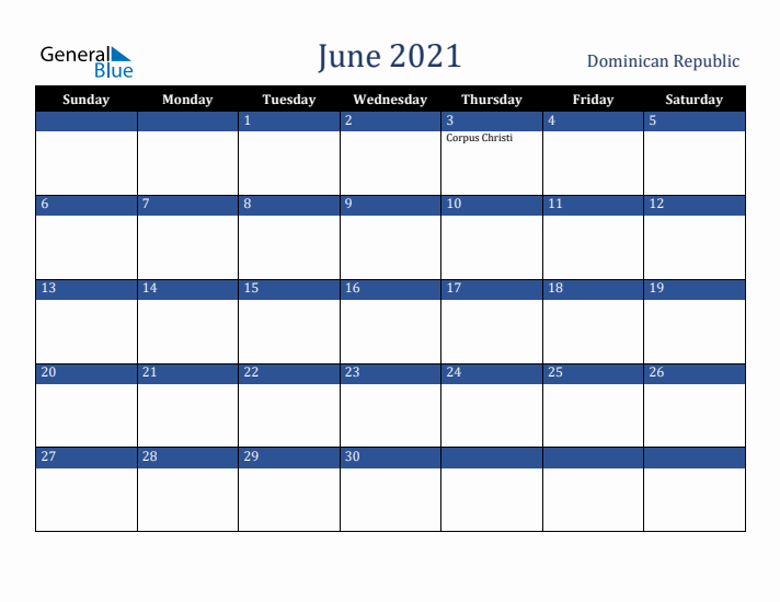 June 2021 Dominican Republic Calendar (Sunday Start)