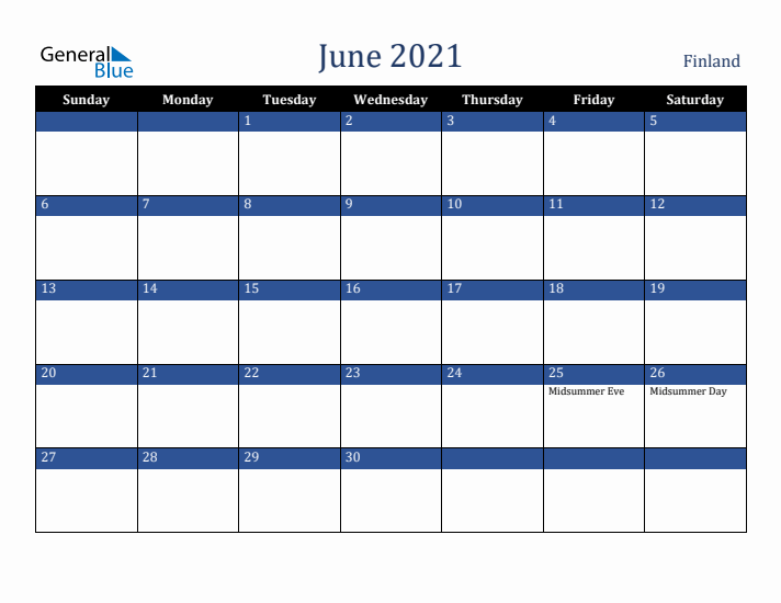 June 2021 Finland Calendar (Sunday Start)