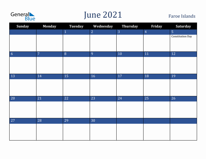 June 2021 Faroe Islands Calendar (Sunday Start)