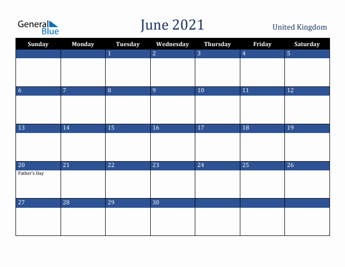 June 2021 United Kingdom Calendar (Sunday Start)