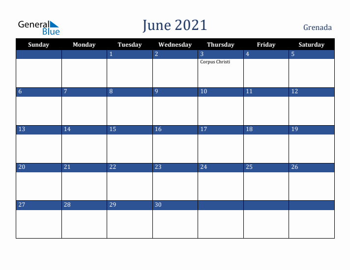 June 2021 Grenada Calendar (Sunday Start)