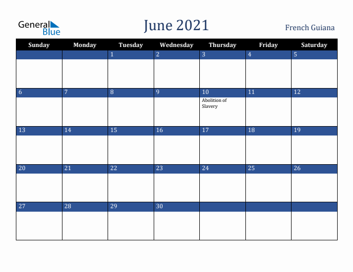 June 2021 French Guiana Calendar (Sunday Start)