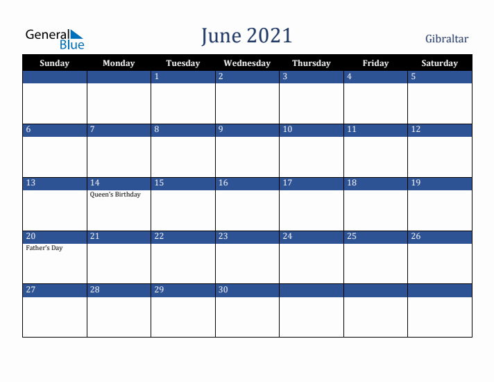 June 2021 Gibraltar Calendar (Sunday Start)