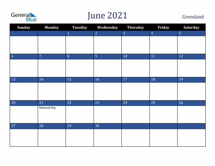 June 2021 Greenland Calendar (Sunday Start)