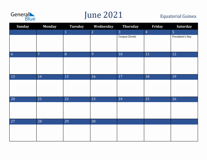 June 2021 Equatorial Guinea Calendar (Sunday Start)