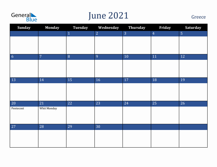 June 2021 Greece Calendar (Sunday Start)