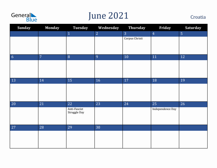 June 2021 Croatia Calendar (Sunday Start)