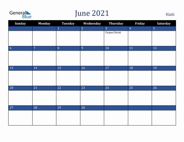 June 2021 Haiti Calendar (Sunday Start)