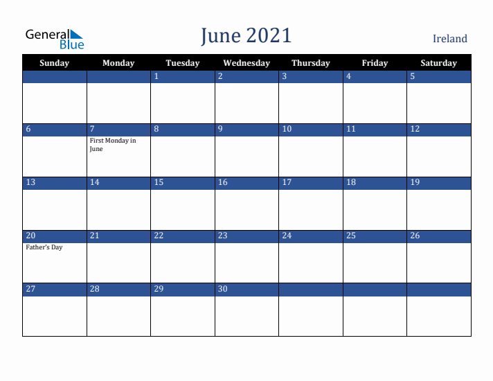 June 2021 Ireland Calendar (Sunday Start)
