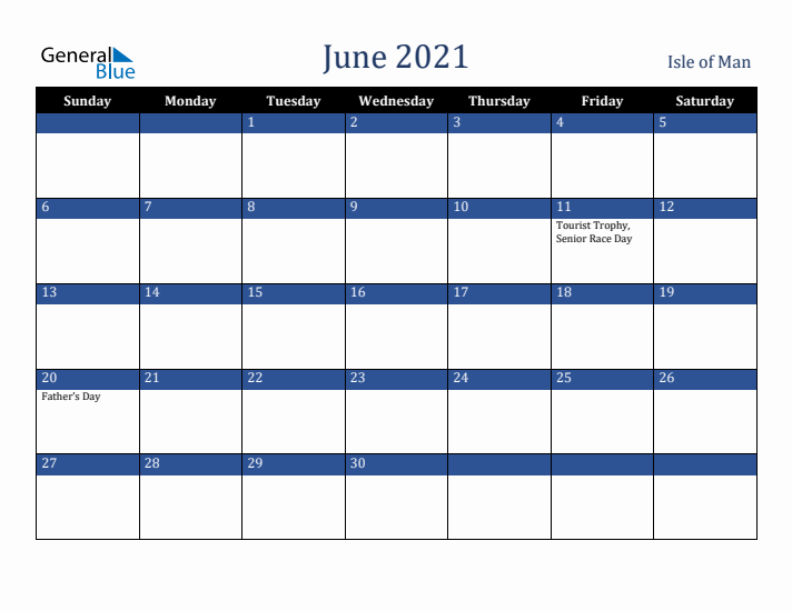 June 2021 Isle of Man Calendar (Sunday Start)