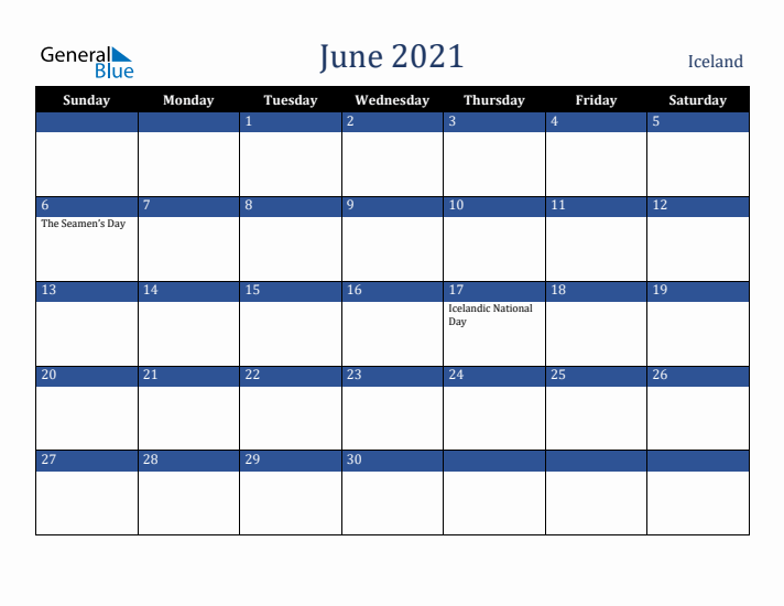 June 2021 Iceland Calendar (Sunday Start)