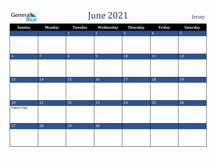 June 2021 Jersey Calendar (Sunday Start)