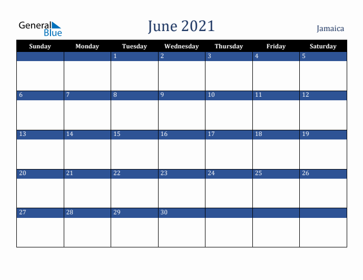June 2021 Jamaica Calendar (Sunday Start)