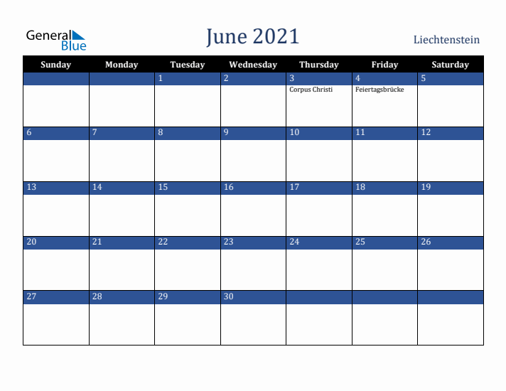 June 2021 Liechtenstein Calendar (Sunday Start)